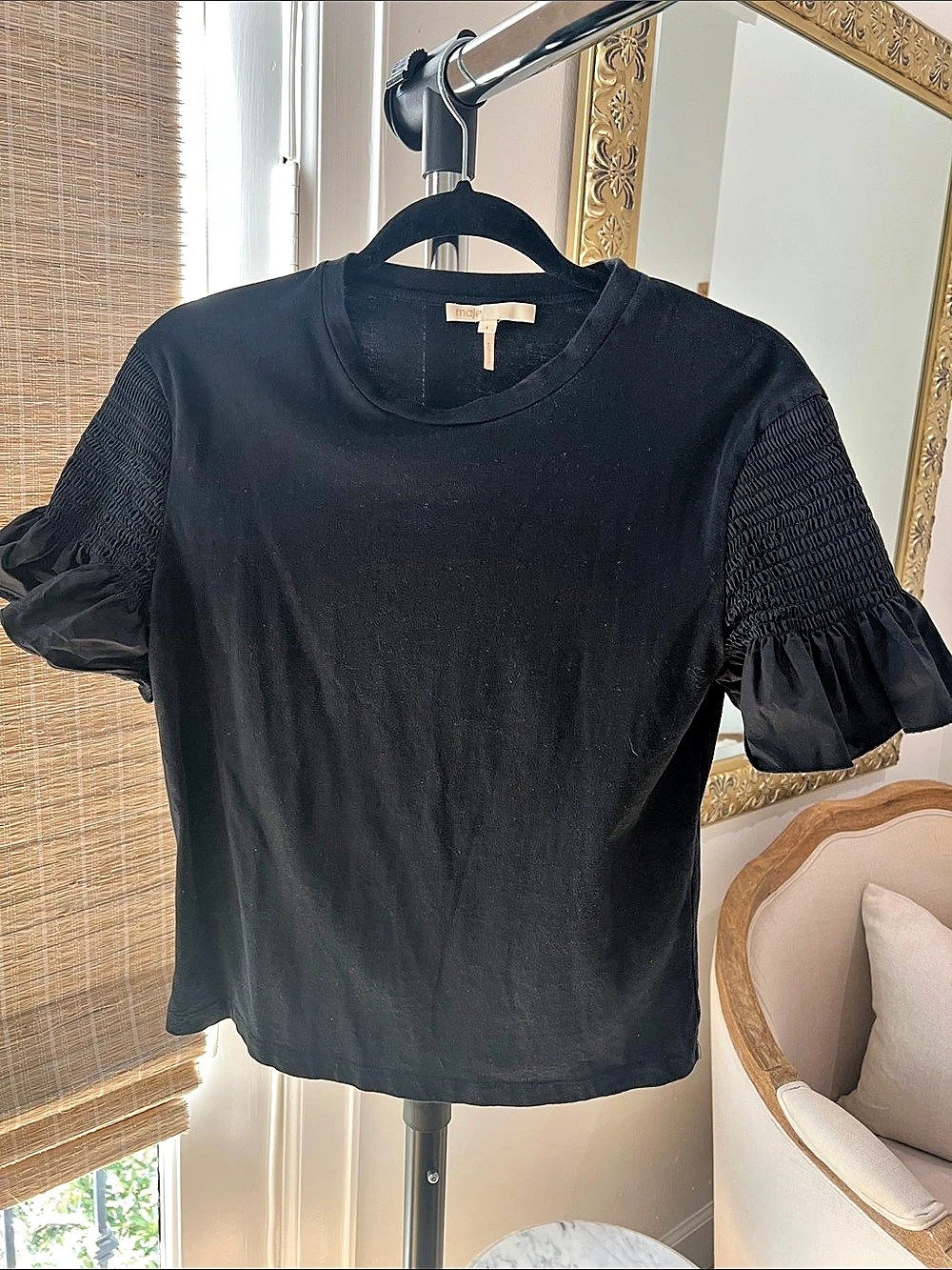 Maje Lars Smocked-Sleeve Tee Black Size Small